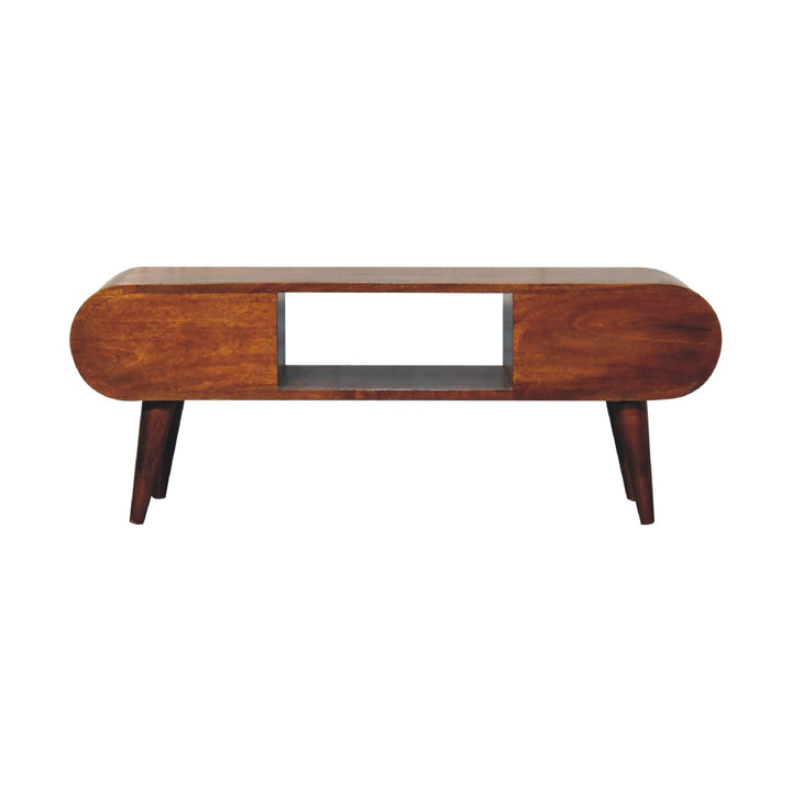 Chocolate Brown Lacquered Classic Grey Solid Mango Wood TV Stand with 3 Drawers & Splayed Legs