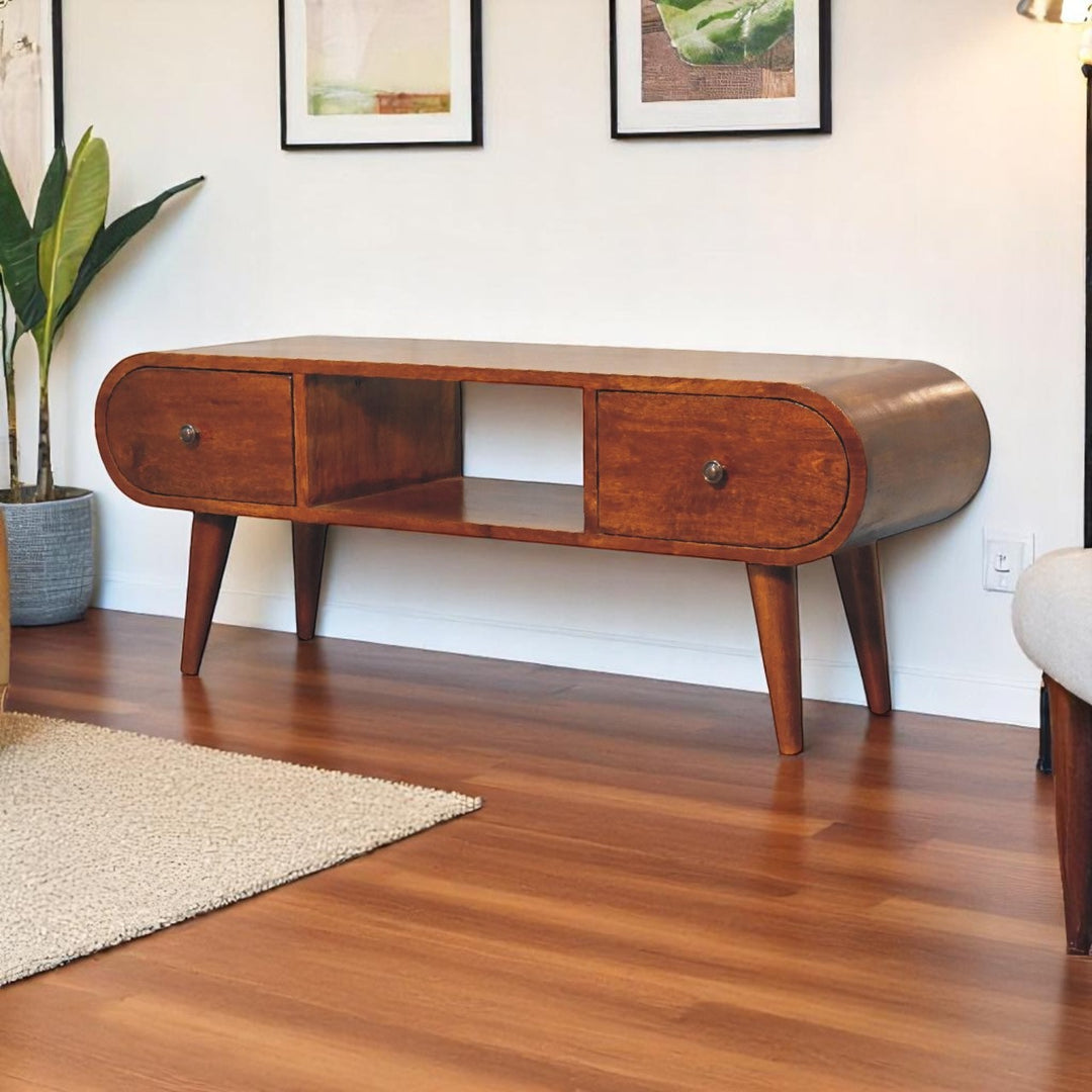 Chocolate Brown Lacquered Classic Grey Solid Mango Wood TV Stand with 3 Drawers & Splayed Legs