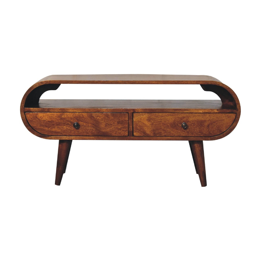 Chocolate Brown Lacquered Solid Mango Wood Circular TV Stand with 2 Drawers & Brass-Accent Doors