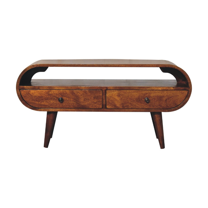 Chocolate Brown Lacquered Solid Mango Wood Circular TV Stand with 2 Drawers & Brass-Accent Doors
