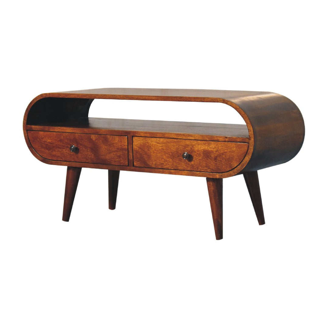 Chocolate Brown Lacquered Solid Mango Wood Circular TV Stand with 2 Drawers & Brass-Accent Doors