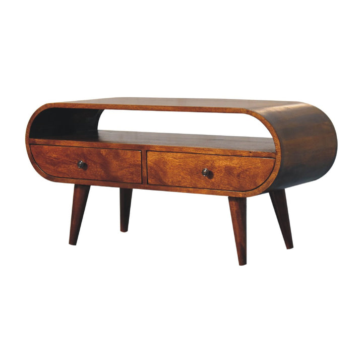 Chocolate Brown Lacquered Solid Mango Wood Circular TV Stand with 2 Drawers & Brass-Accent Doors