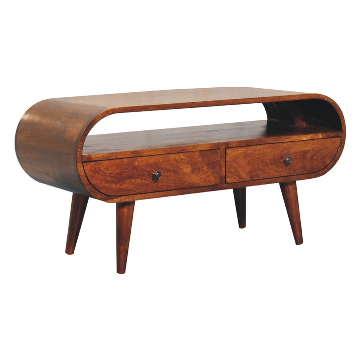 Chocolate Brown Lacquered Solid Mango Wood Circular TV Stand with 2 Drawers & Brass-Accent Doors