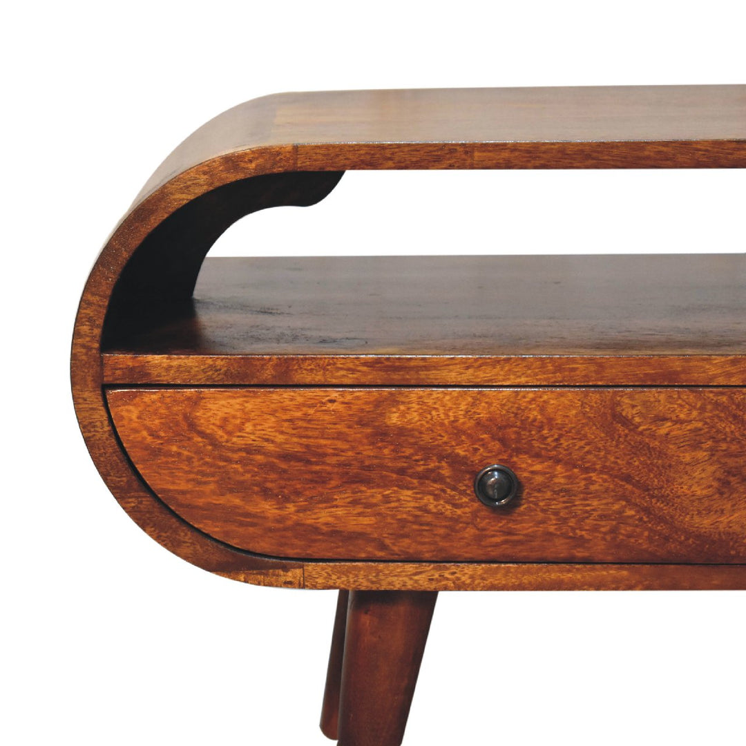 Chocolate Brown Lacquered Solid Mango Wood Circular TV Stand with 2 Drawers & Brass-Accent Doors