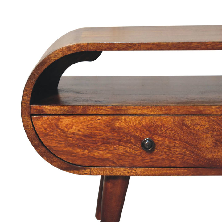Chocolate Brown Lacquered Solid Mango Wood Circular TV Stand with 2 Drawers & Brass-Accent Doors