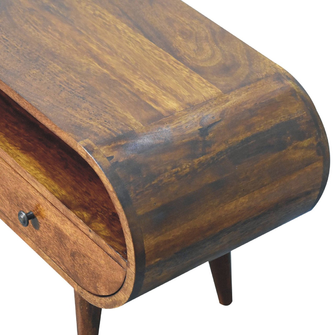 Chocolate Brown Lacquered Solid Mango Wood Circular TV Stand with 2 Drawers & Brass-Accent Doors