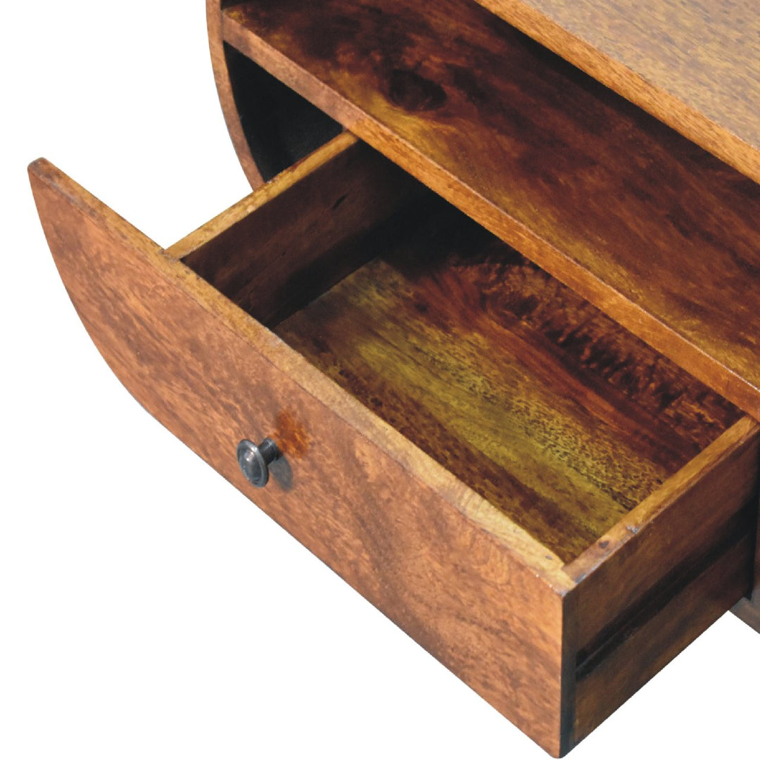 Chocolate Brown Lacquered Solid Mango Wood Circular TV Stand with 2 Drawers & Brass-Accent Doors