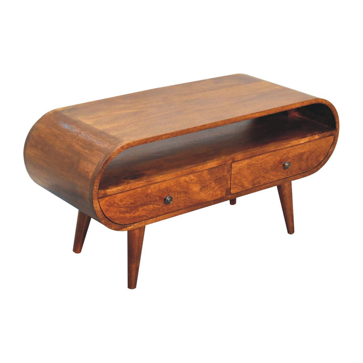 Chocolate Brown Lacquered Solid Mango Wood Circular TV Stand with 2 Drawers & Brass-Accent Doors
