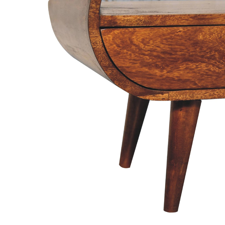 Chocolate Brown Lacquered Solid Mango Wood Circular TV Stand with 2 Drawers & Brass-Accent Doors