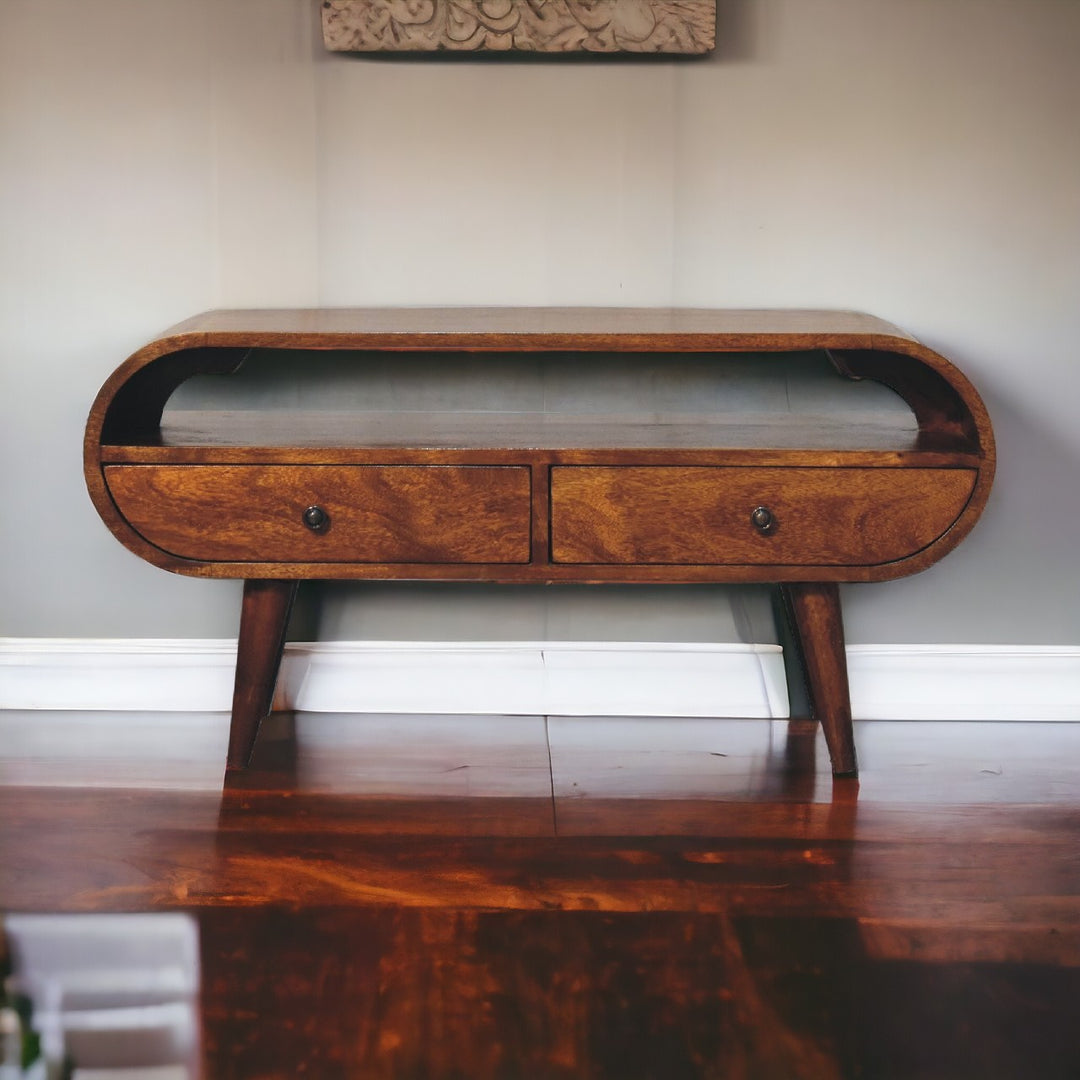 Chocolate Brown Lacquered Solid Mango Wood Circular TV Stand with 2 Drawers & Brass-Accent Doors