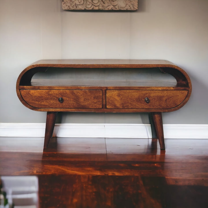 Chocolate Brown Lacquered Solid Mango Wood Circular TV Stand with 2 Drawers & Brass-Accent Doors