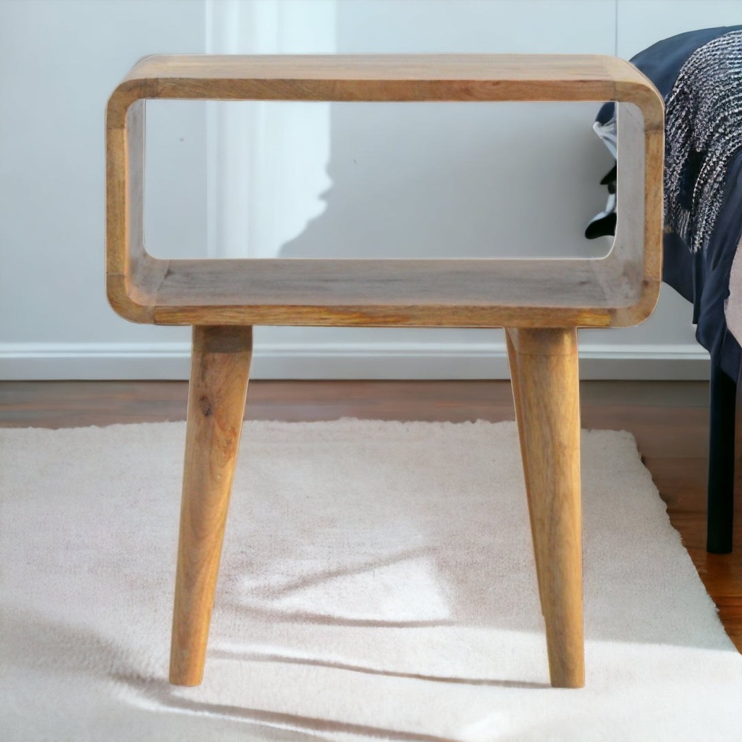 Beige Oak Veneer Solid Mango Wood Curved Open Bedside Table with 2 Drawers & Glossy Knobs