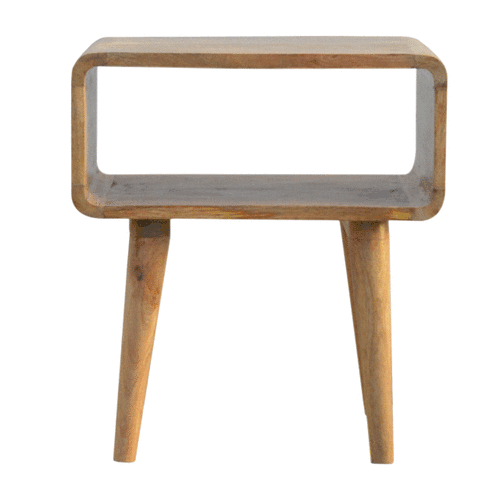 Beige Oak Veneer Solid Mango Wood Curved Open Bedside Table with 2 Drawers & Glossy Knobs