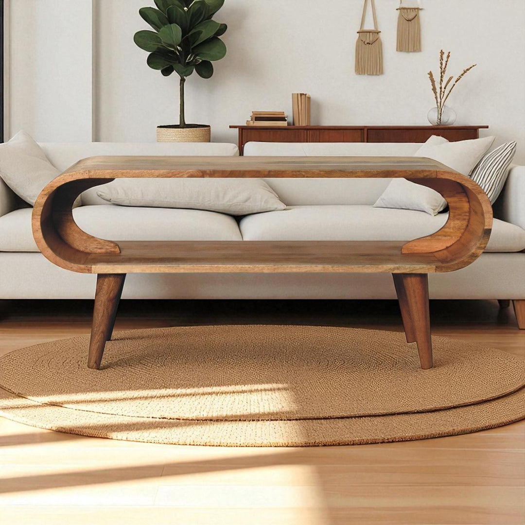 Beige Oak Veneer Solid Mango Wood Amaya Nordic Coffee Table with Open Compartment