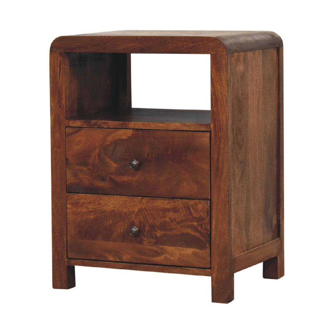 Brown Lacquered Chestnut Solid Mango Wood Aspen Bedside with 2 Drawers & Nordic Legs
