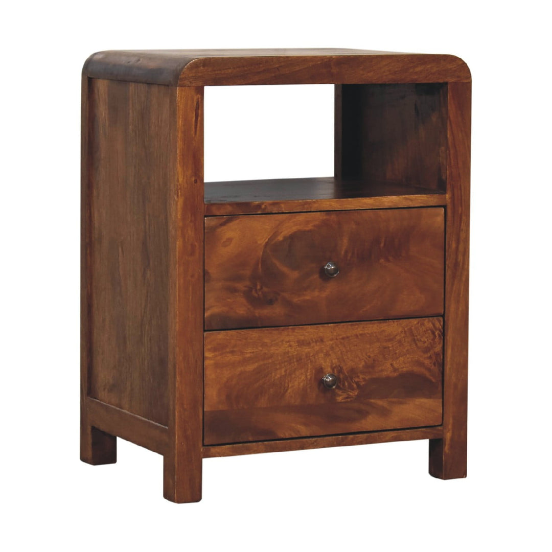 Brown Lacquered Chestnut Solid Mango Wood Aspen Bedside with 2 Drawers & Nordic Legs