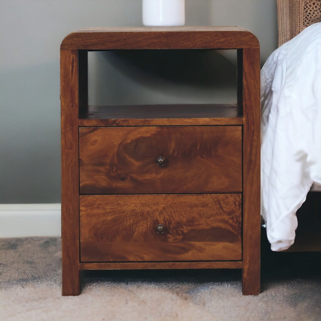 Brown Lacquered Chestnut Solid Mango Wood Aspen Bedside with 2 Drawers & Nordic Legs