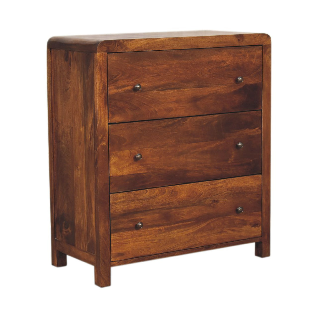 Brown Lacquered Chestnut Solid Mango Wood Aspen Chest of Drawers with Rounded Edges