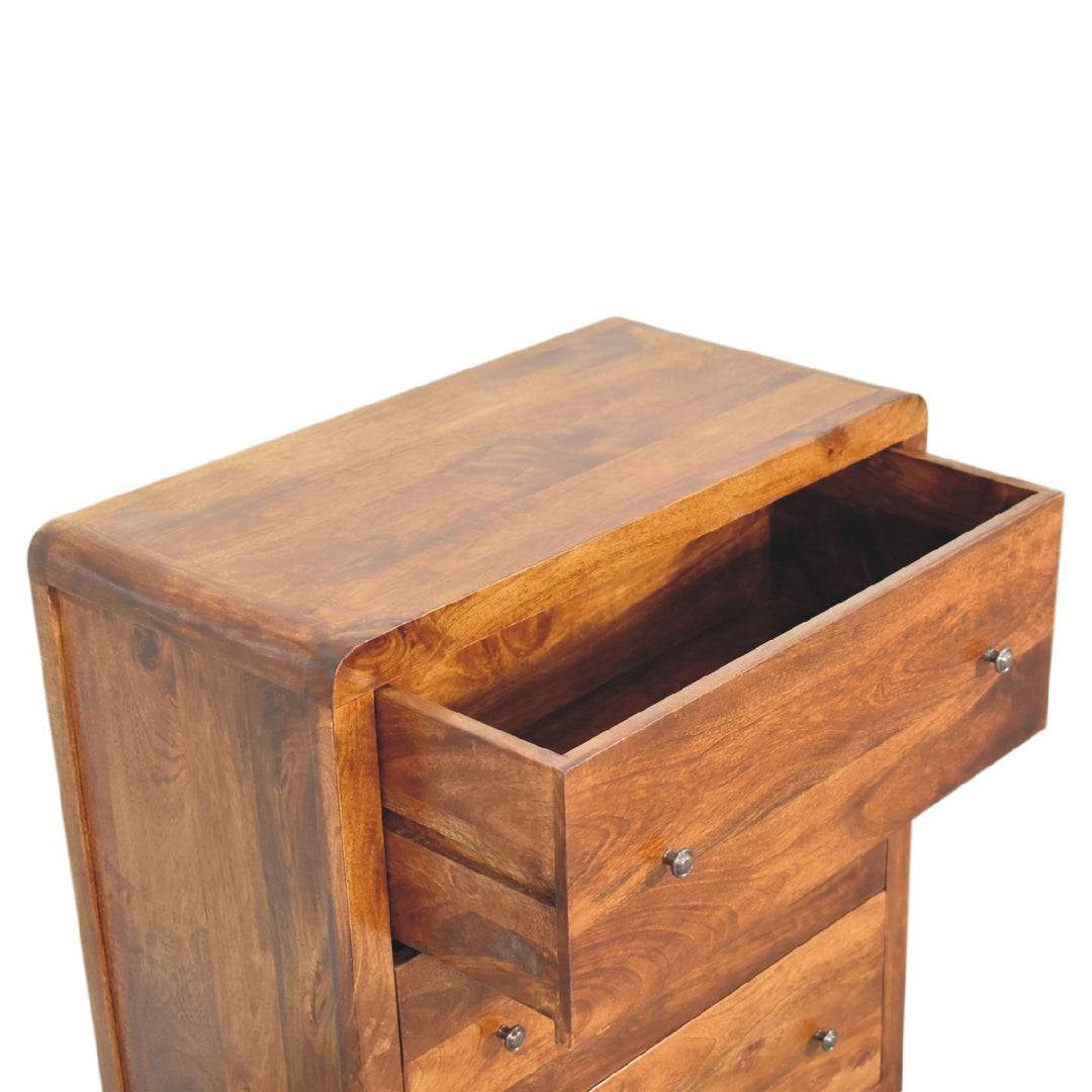 Brown Lacquered Chestnut Solid Mango Wood Aspen Chest of Drawers with Rounded Edges