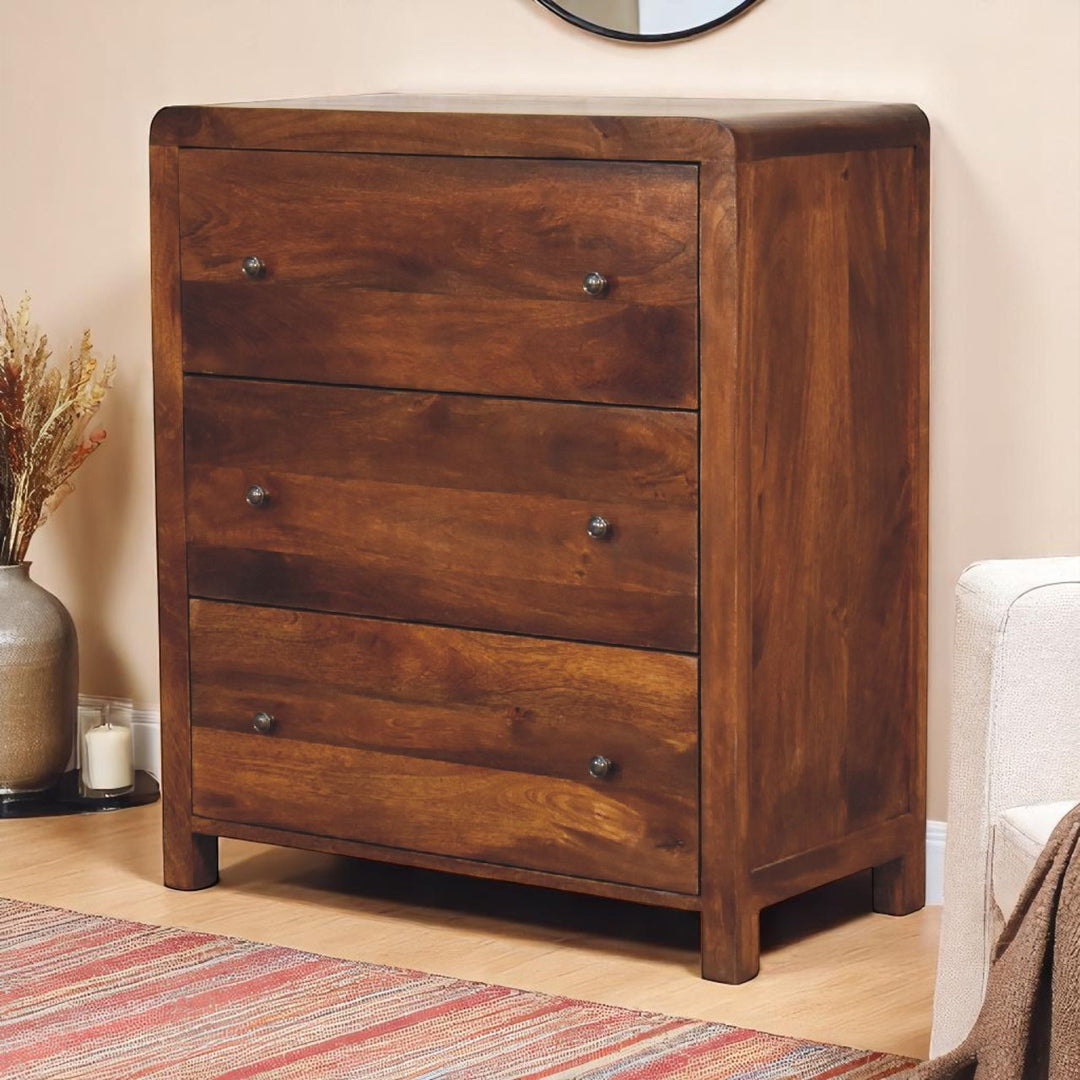 Brown Lacquered Chestnut Solid Mango Wood Aspen Chest of Drawers with Rounded Edges