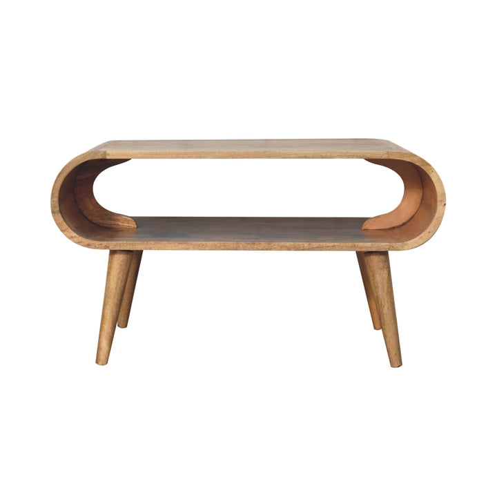 Brown Lacquered Light Oak Solid Mango Wood Open Coffee Table with Dual Drawers & Scandinavian Legs