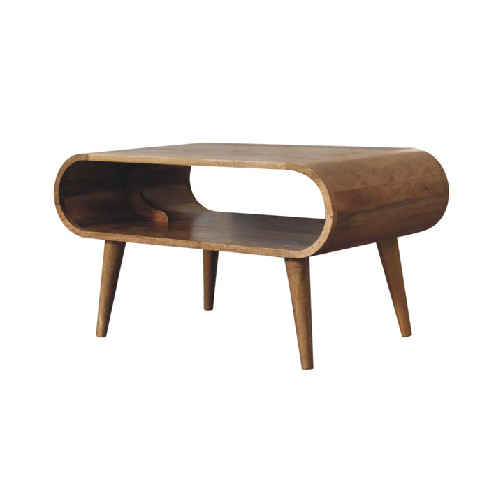 Brown Lacquered Light Oak Solid Mango Wood Open Coffee Table with Dual Drawers & Scandinavian Legs