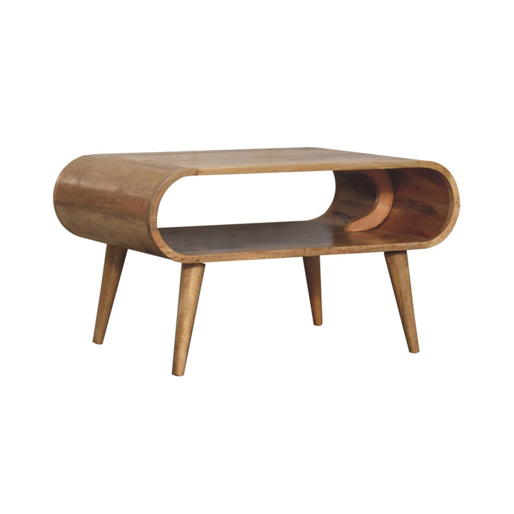 Brown Lacquered Light Oak Solid Mango Wood Open Coffee Table with Dual Drawers & Scandinavian Legs