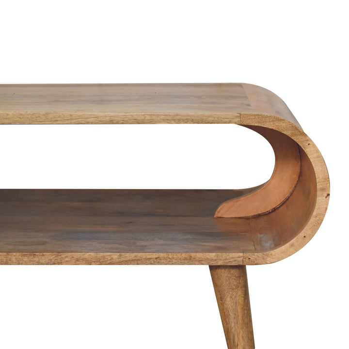 Brown Lacquered Light Oak Solid Mango Wood Open Coffee Table with Dual Drawers & Scandinavian Legs