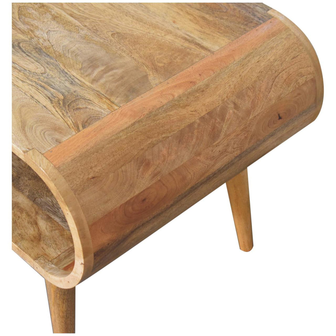 Brown Lacquered Light Oak Solid Mango Wood Open Coffee Table with Dual Drawers & Scandinavian Legs
