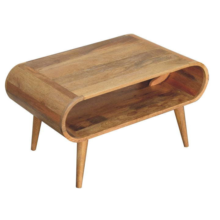 Brown Lacquered Light Oak Solid Mango Wood Open Coffee Table with Dual Drawers & Scandinavian Legs