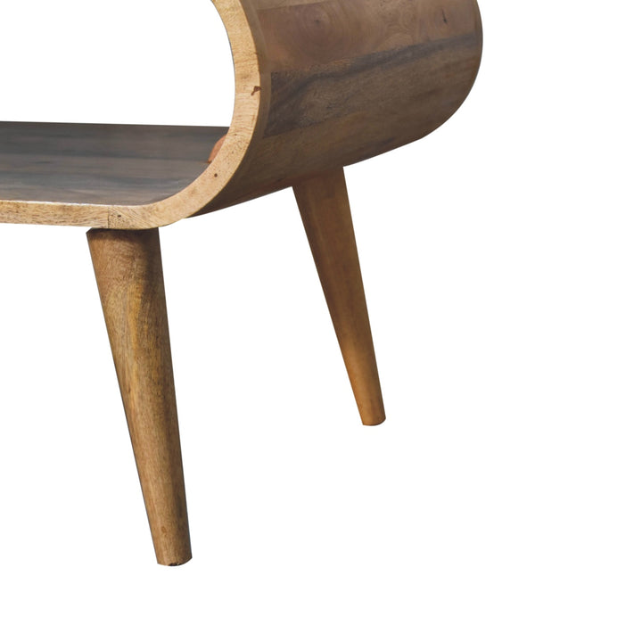 Brown Lacquered Light Oak Solid Mango Wood Open Coffee Table with Dual Drawers & Scandinavian Legs