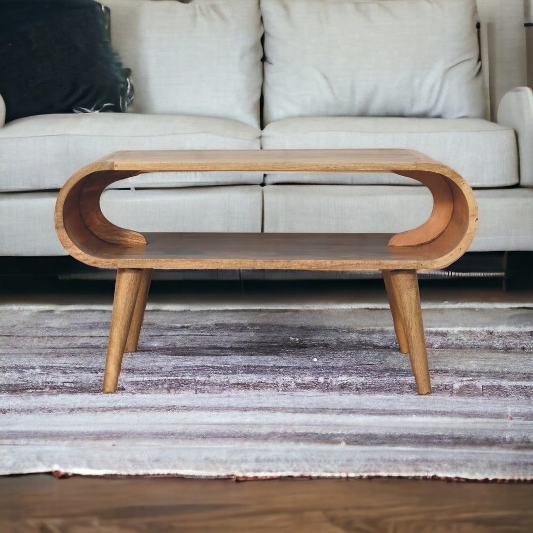 Brown Lacquered Light Oak Solid Mango Wood Open Coffee Table with Dual Drawers & Scandinavian Legs