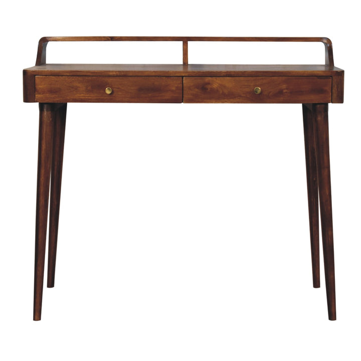 Brown Lacquered Chestnut Solid Mango Wood Raised Console with 2 Drawers & Rounded Edges