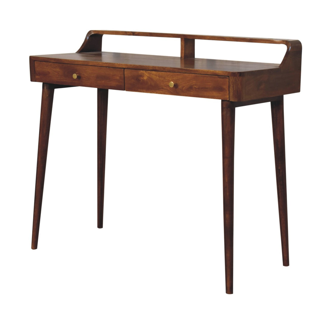 Brown Lacquered Chestnut Solid Mango Wood Raised Console with 2 Drawers & Rounded Edges