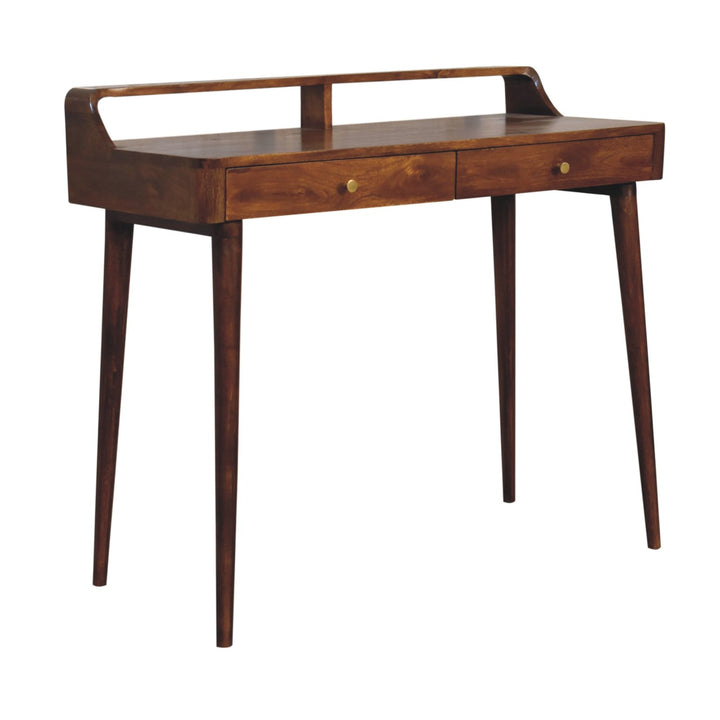 Brown Lacquered Chestnut Solid Mango Wood Raised Console with 2 Drawers & Rounded Edges