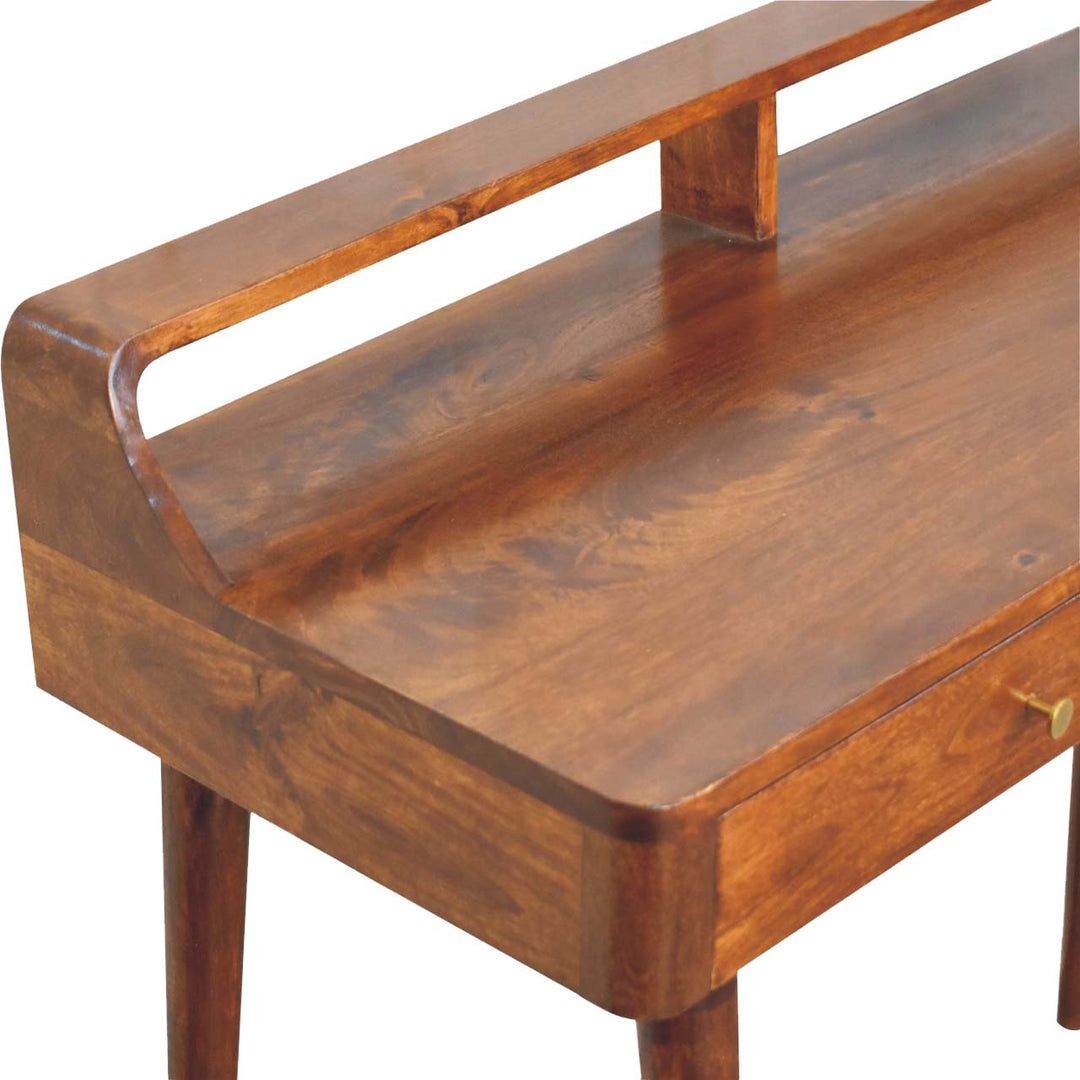 Brown Lacquered Chestnut Solid Mango Wood Raised Console with 2 Drawers & Rounded Edges