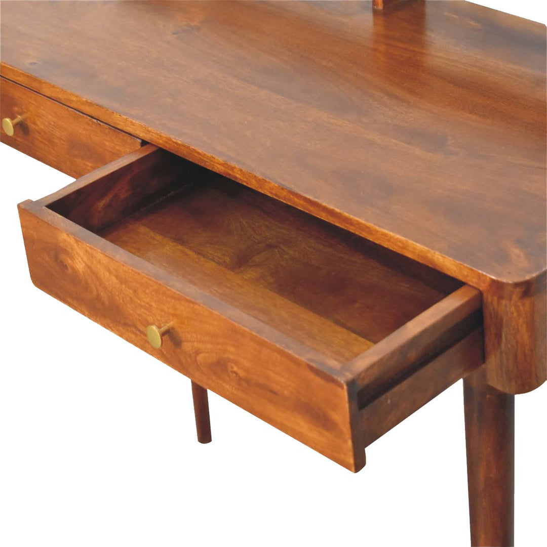 Brown Lacquered Chestnut Solid Mango Wood Raised Console with 2 Drawers & Rounded Edges