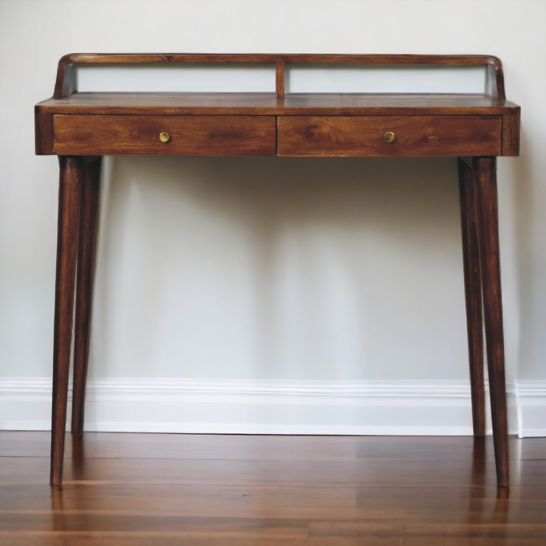 Brown Lacquered Chestnut Solid Mango Wood Raised Console with 2 Drawers & Rounded Edges