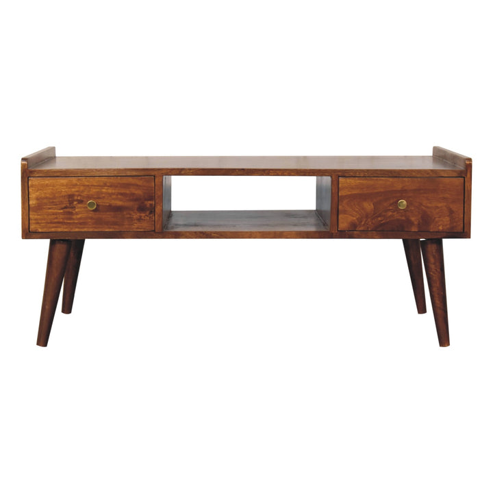 Brown Lacquered Chestnut Solid Mango Wood Raised TV Stand with 2 Drawers & 1 Shelf