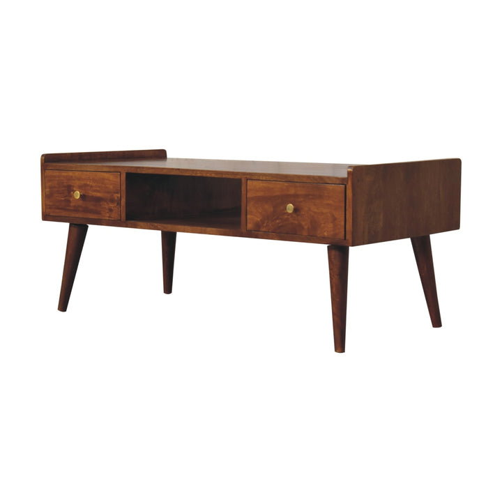 Brown Lacquered Chestnut Solid Mango Wood Raised TV Stand with 2 Drawers & 1 Shelf
