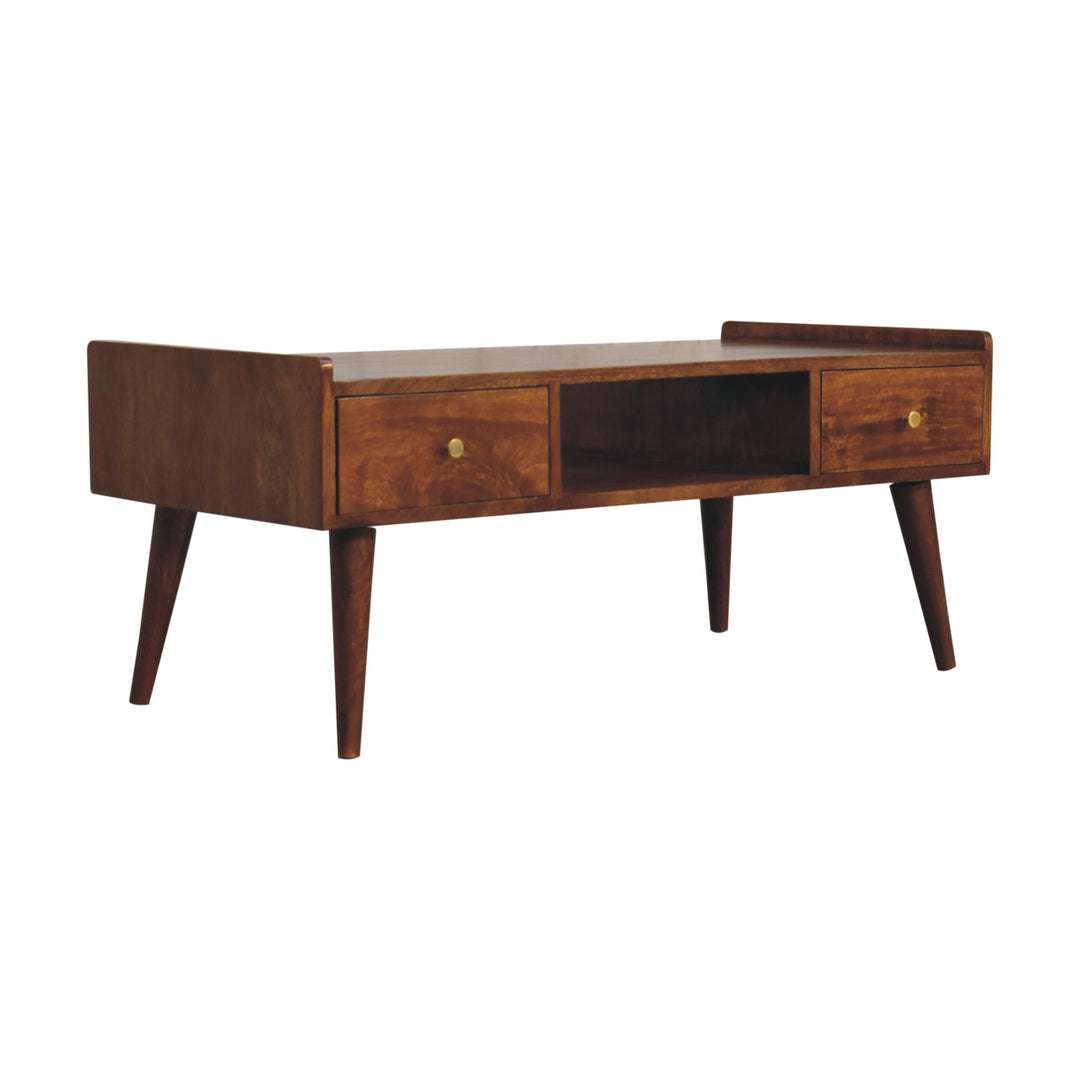 Brown Lacquered Chestnut Solid Mango Wood Raised TV Stand with 2 Drawers & 1 Shelf