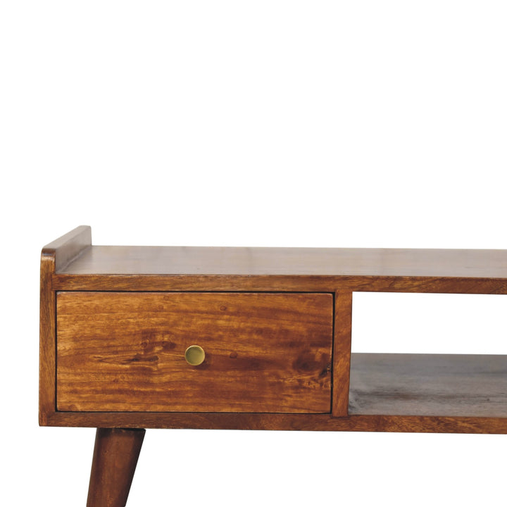 Brown Lacquered Chestnut Solid Mango Wood Raised TV Stand with 2 Drawers & 1 Shelf