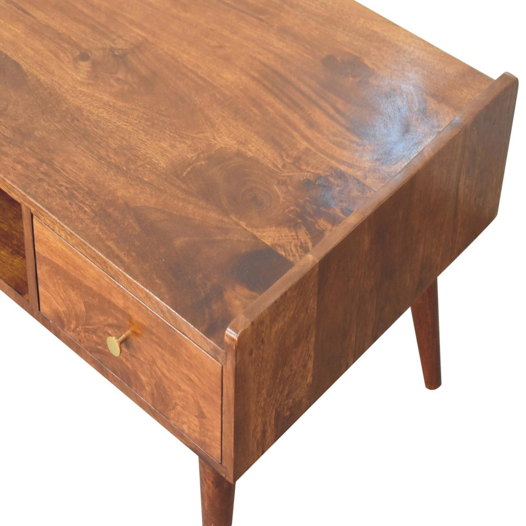 Brown Lacquered Chestnut Solid Mango Wood Raised TV Stand with 2 Drawers & 1 Shelf