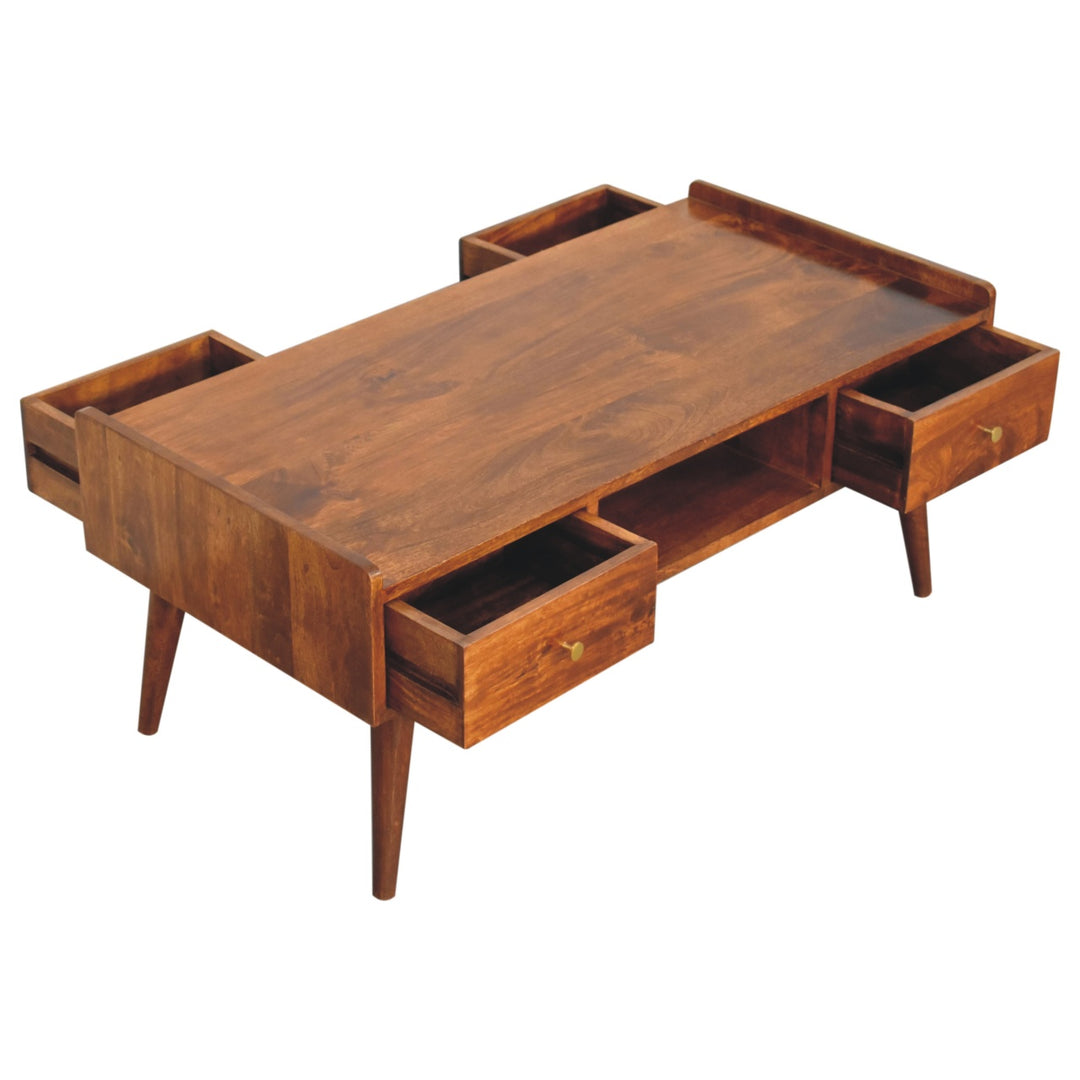 Brown Lacquered Chestnut Solid Mango Wood Raised TV Stand with 2 Drawers & 1 Shelf