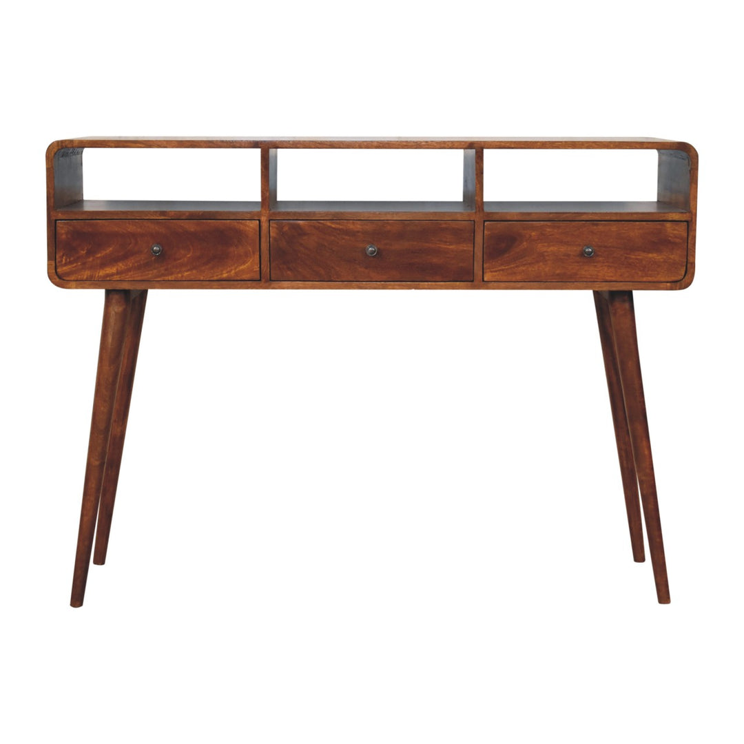 Brown Lacquered Chestnut Solid Mango Wood Triple-Curved Console with 3 Drawers & 3 Open Shelves