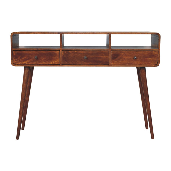 Brown Lacquered Chestnut Solid Mango Wood Triple-Curved Console with 3 Drawers & 3 Open Shelves