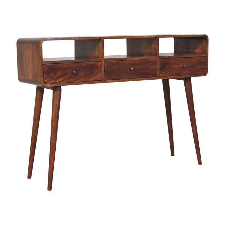 Brown Lacquered Chestnut Solid Mango Wood Triple-Curved Console with 3 Drawers & 3 Open Shelves