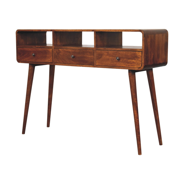 Brown Lacquered Chestnut Solid Mango Wood Triple-Curved Console with 3 Drawers & 3 Open Shelves