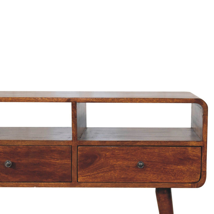 Brown Lacquered Chestnut Solid Mango Wood Triple-Curved Console with 3 Drawers & 3 Open Shelves