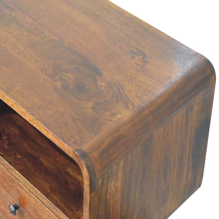 Brown Lacquered Chestnut Solid Mango Wood Triple-Curved Console with 3 Drawers & 3 Open Shelves